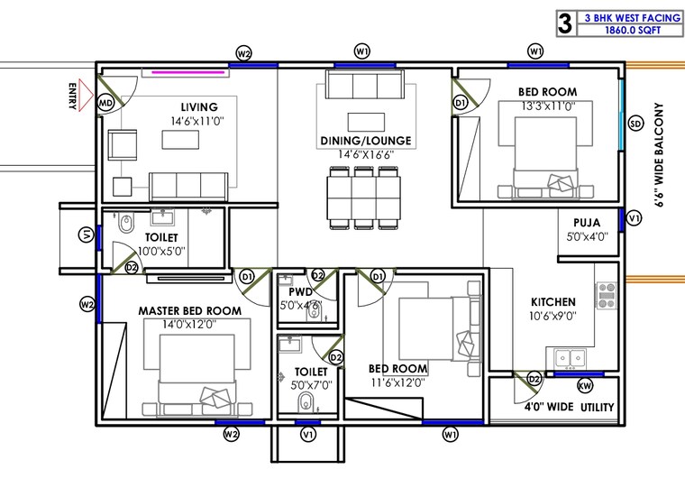 Floor Plan, hafeezpet 3 Bedroom 1860 Sq.Ft. Apartment In Hafeezpet Hyderabad 9506337