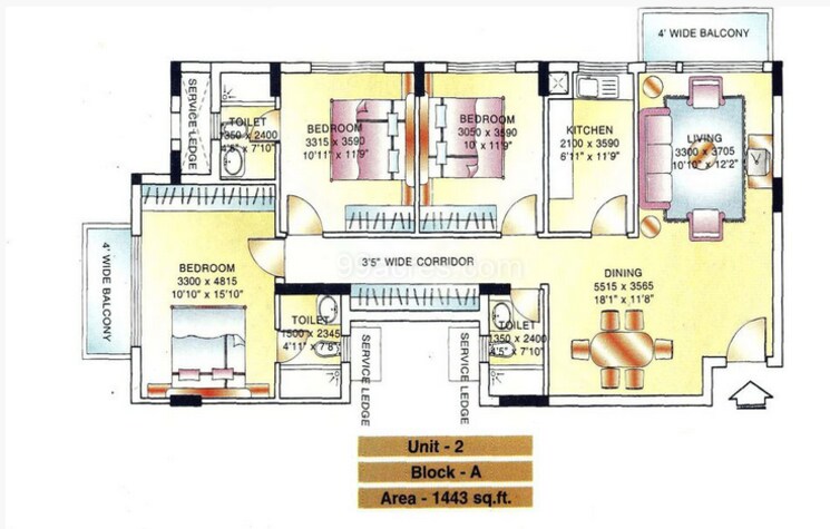 Floor Plan, dlf-ridgewood-estate 3 Bedroom 1443 Sq.Ft. Apartment In Dlf Phase iv Gurgaon 9507118