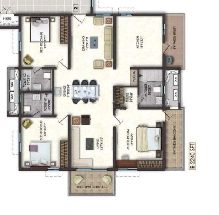 Floor Plan, lansum-el-dorado 3 Bedroom 1362 Sq.Ft. Apartment In Narsingi Hyderabad 9517953