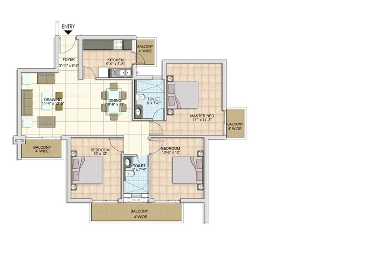 Floor Plan, bptp-park-generations 3 Bedroom 1521 Sq.Ft. Apartment In Sector 37d Gurgaon 9519285