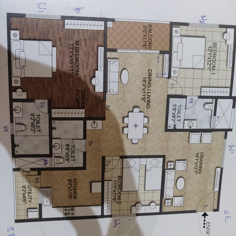 Floor Plan, aurobindo-the-regent 3 Bedroom 1950 Sq.Ft. Apartment In Kondapur Hyderabad 9540537