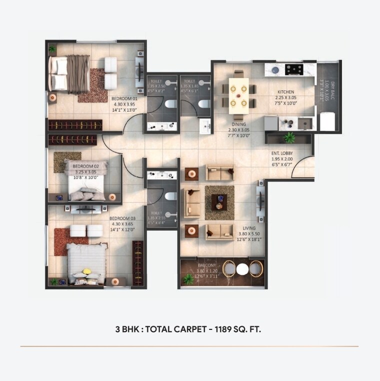 Floor Plan, belvalkar-yoganand-park 3 Bedroom 1189 Sq.Ft. Apartment In Kothrud Pune 9541170