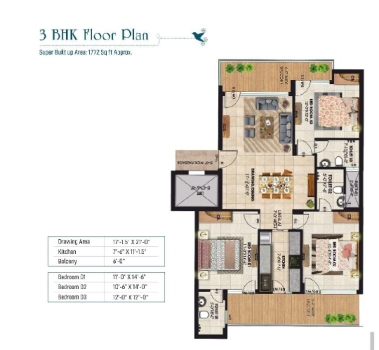 Floor Plan, sector 20 3 Bedroom 1870 Sq.Ft. Apartment In Sector 20 Panchkula 9542639