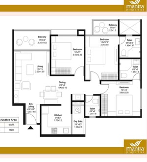 Floor Plan in 3 BHK Apartment at Mantra Monarch, Balewadi – for Sale