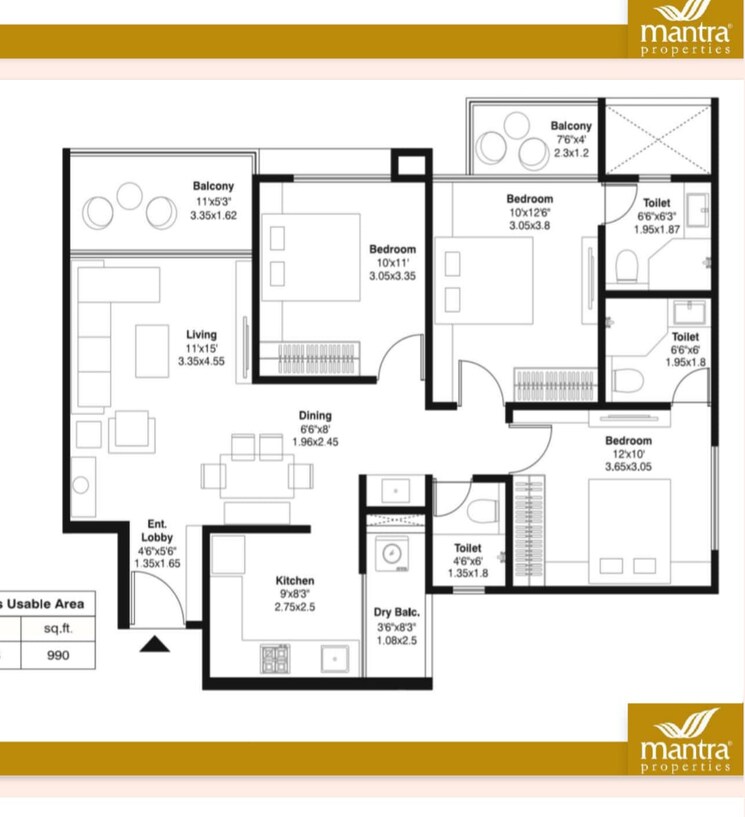 Floor Plan, mantra-monarch 3 Bedroom 1340 Sq.Ft. Apartment In Balewadi Pune 9565585
