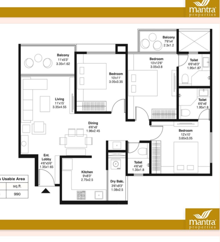 Floor Plan, mantra-monarch 3 Bedroom 1340 Sq.Ft. Apartment In Balewadi Pune 9565585