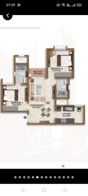 Floor Plan in 2 BHK Apartment at Prestige Finsbury Park Hyde, Bagaluru – for Sale