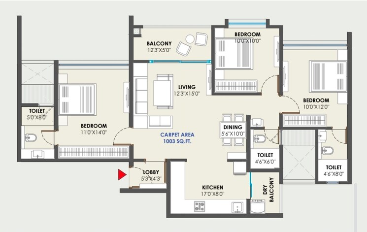Floor Plan, wakad 3 Bedroom 1000 Sq.Ft. Apartment In Wakad Pune 9578913