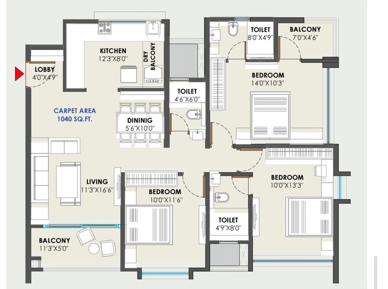 Floor Plan, wakad 3 Bedroom 1040 Sq.Ft. Apartment In Wakad Pune 9578933