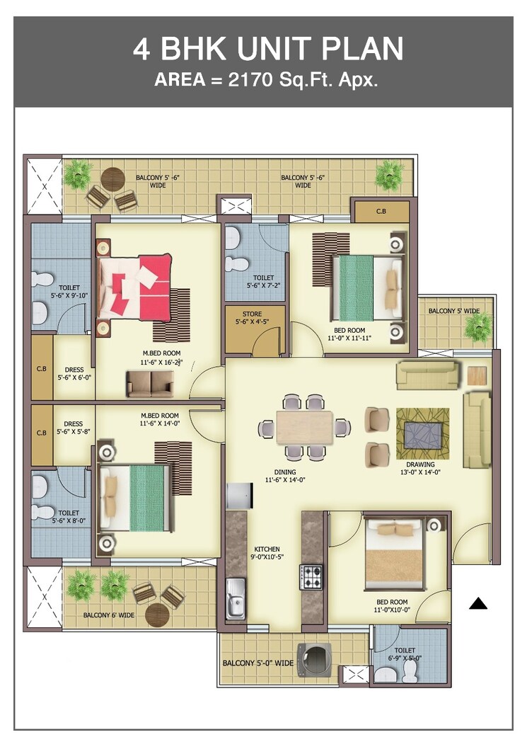 Floor Plan, skyline-park 4 Bedroom 1326 Sq.Ft. Apartment In Vip Road Zirakpur 9589496