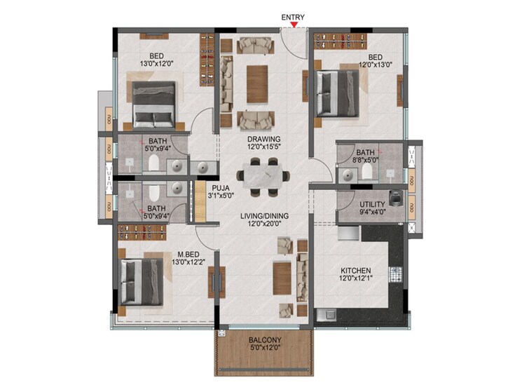 Floor Plan, casagrand-evon 3 Bedroom 2076 Sq.Ft. Apartment In Kompally Hyderabad 9596561