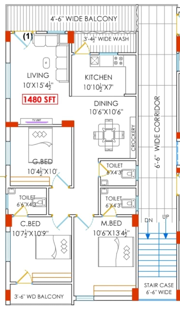 Floor Plan, aadhya-nilayam 3 Bedroom 1480 Sq.Ft. Apartment In Kukatpally Hyderabad 9597544