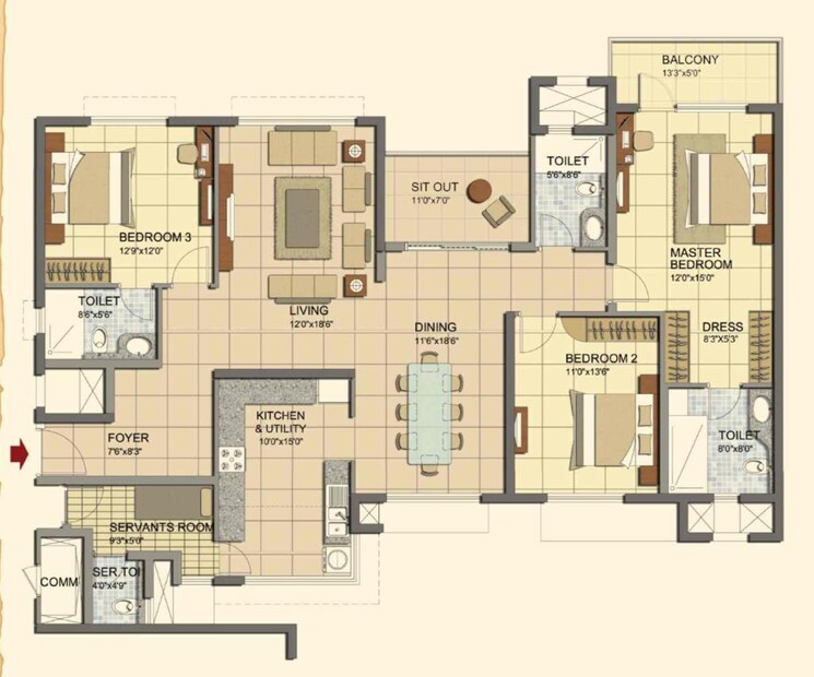 Floor Plan, prestige-lakeside-habitat 3.5 Bedroom 2280 Sq.Ft. Apartment In Varthur Bangalore 9600141