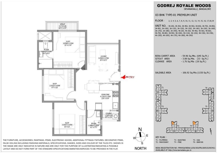 Floor Plan, godrej-royale-woods 3 Bedroom 869 Sq.Ft. Apartment In Devanahalli Bangalore 9614181