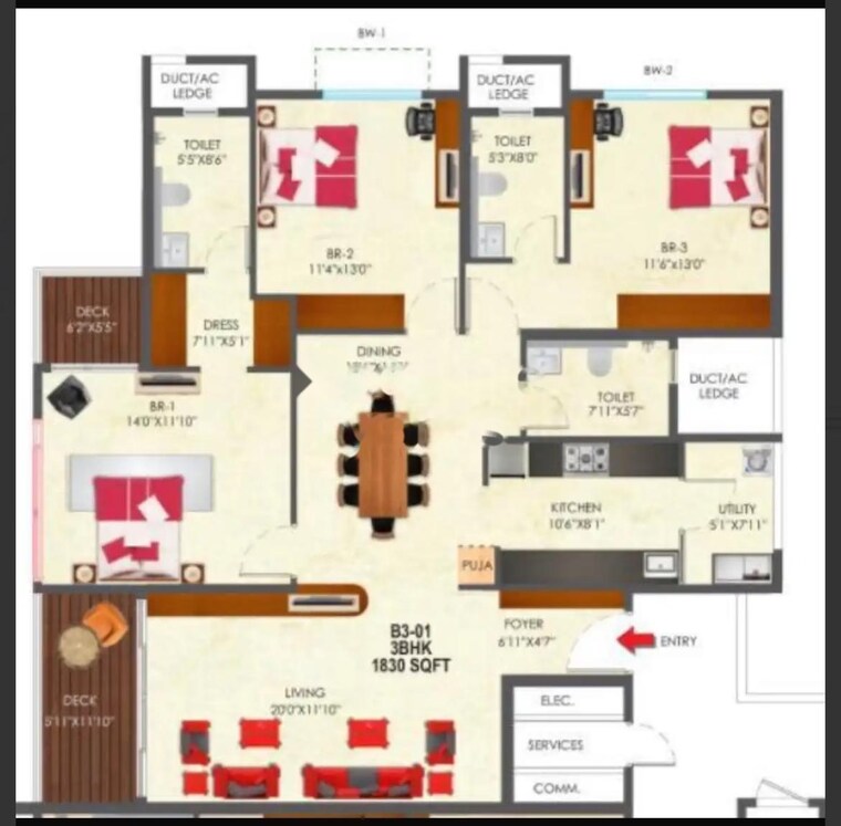 Floor Plan, snn-raj-etternia 3 Bedroom 1667 Sq.Ft. Apartment In Haralur Road Bangalore 9615504