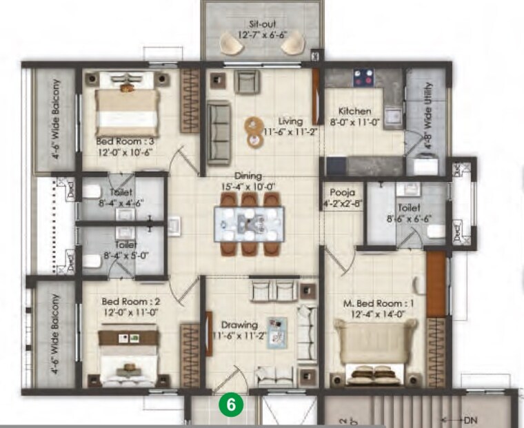 Floor Plan, ksr-greens 3 Bedroom 1600 Sq.Ft. Apartment In Madinaguda Hyderabad 9619010