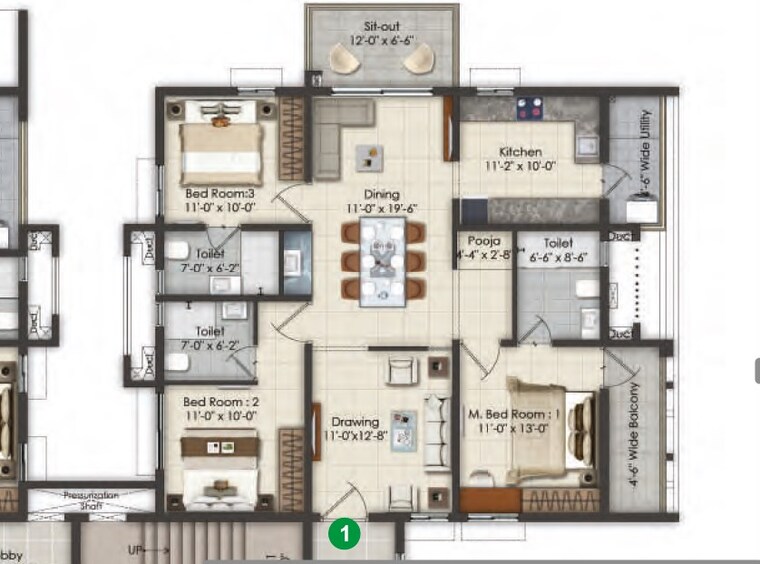 Floor Plan, ksr-greens 3 Bedroom 1900 Sq.Ft. Apartment In Madinaguda Hyderabad 9619026