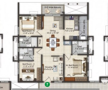 Floor Plan in 3 BHK Apartment at KSR Greens, Madinaguda – for Sale