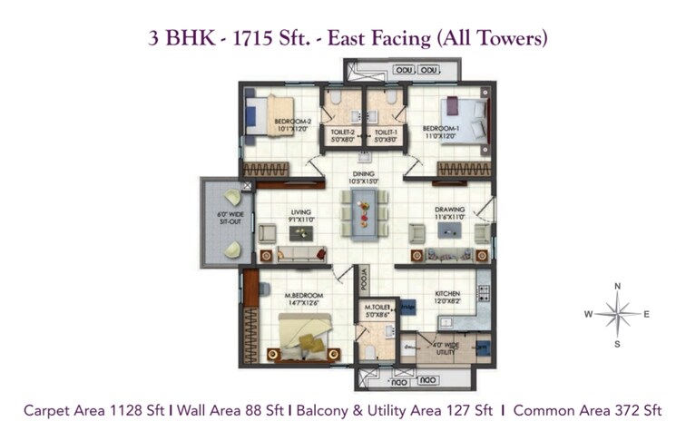 Floor Plan, narsingi 3 Bedroom 1715 Sq.Ft. Apartment In Narsingi Hyderabad 9626292
