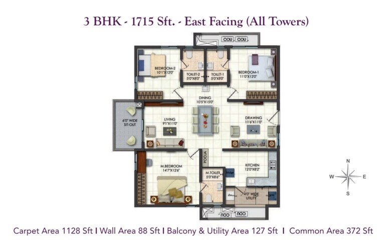 Floor Plan, narsingi 3 Bedroom 1715 Sq.Ft. Apartment In Narsingi Hyderabad 9626292