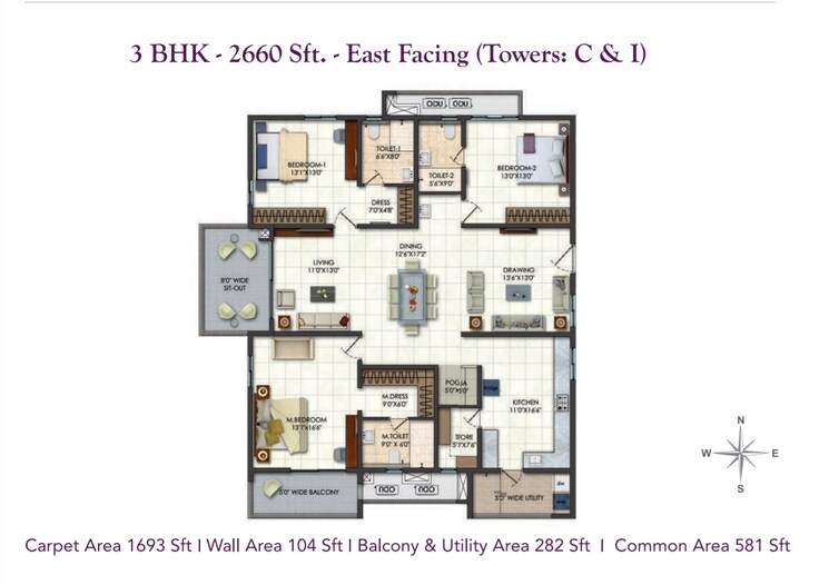 Floor Plan, narsingi 3 Bedroom 2660 Sq.Ft. Apartment In Narsingi Hyderabad 9626486