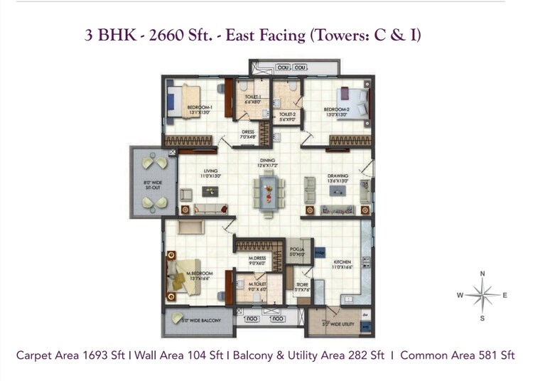 Floor Plan, narsingi 3 Bedroom 2660 Sq.Ft. Apartment In Narsingi Hyderabad 9626486