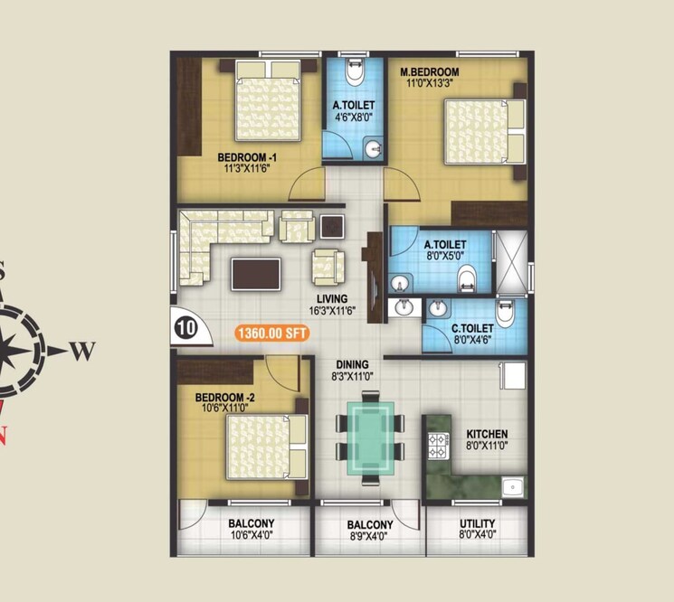 Floor Plan, snr-windmill 3 Bedroom 1360 Sq.Ft. Apartment In Bannerghatta Road Bangalore 9626987