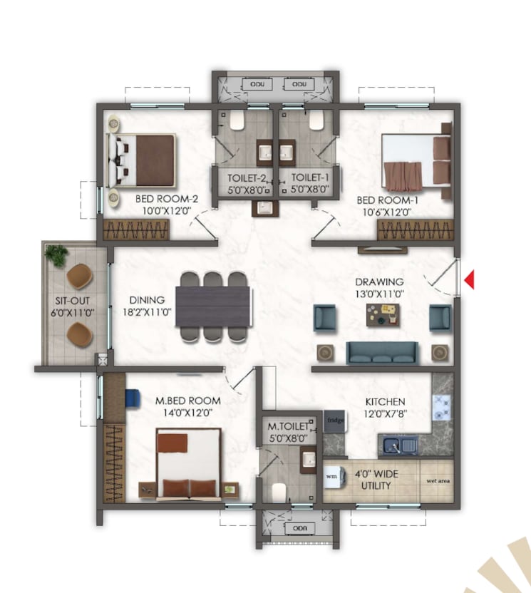 Floor Plan, kokapet 3 Bedroom 1750 Sq.Ft. Apartment In Kokapet Hyderabad 9628767