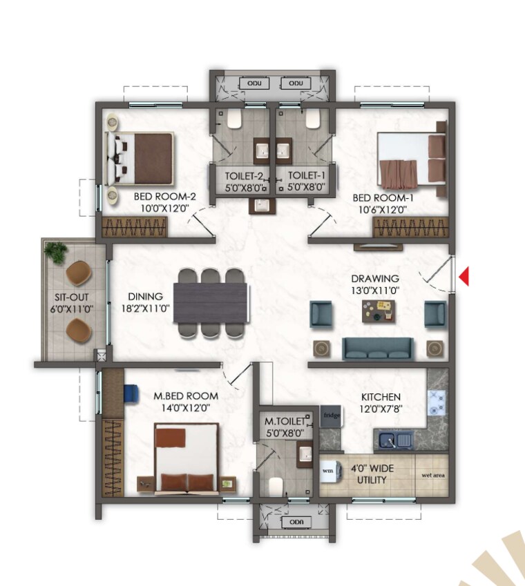 Floor Plan, kokapet 3 Bedroom 1750 Sq.Ft. Apartment In Kokapet Hyderabad 9628767