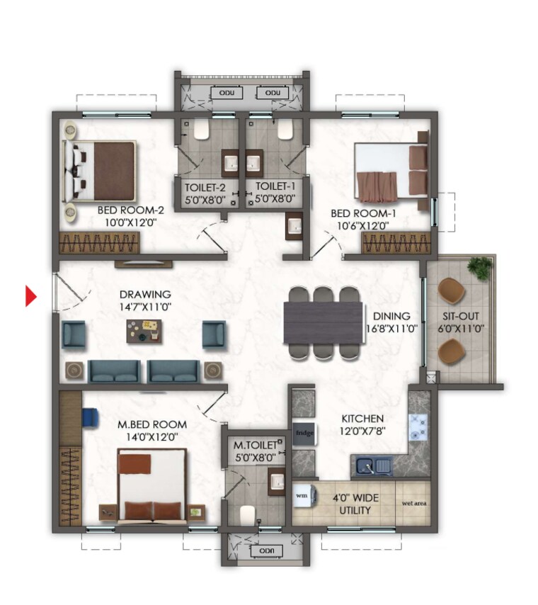 Floor Plan, kokapet 3 Bedroom 1750 Sq.Ft. Apartment In Kokapet Hyderabad 9628852