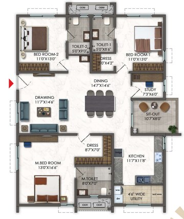 Floor Plan in 3.5 BHK Apartment at Kokapet – for Sale