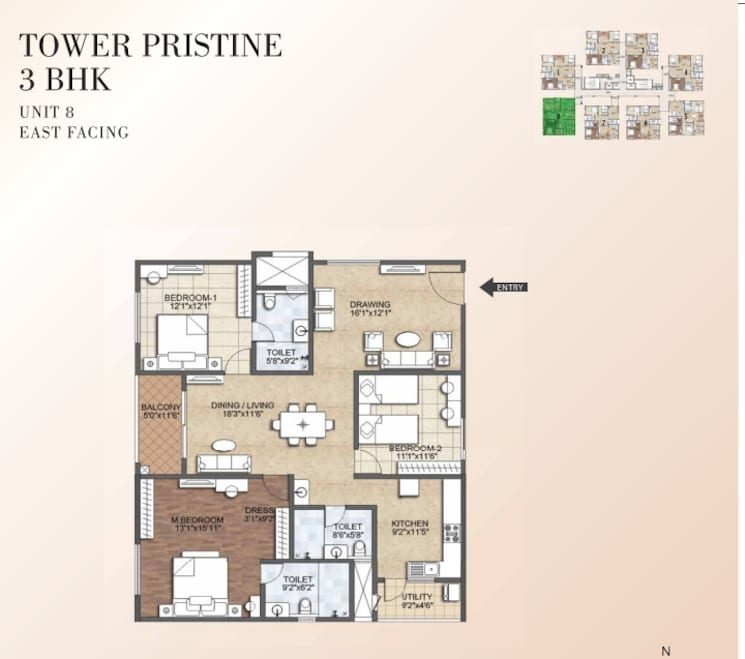 Floor Plan, kondapur 3 Bedroom 1950 Sq.Ft. Apartment In Kondapur Hyderabad 9631666