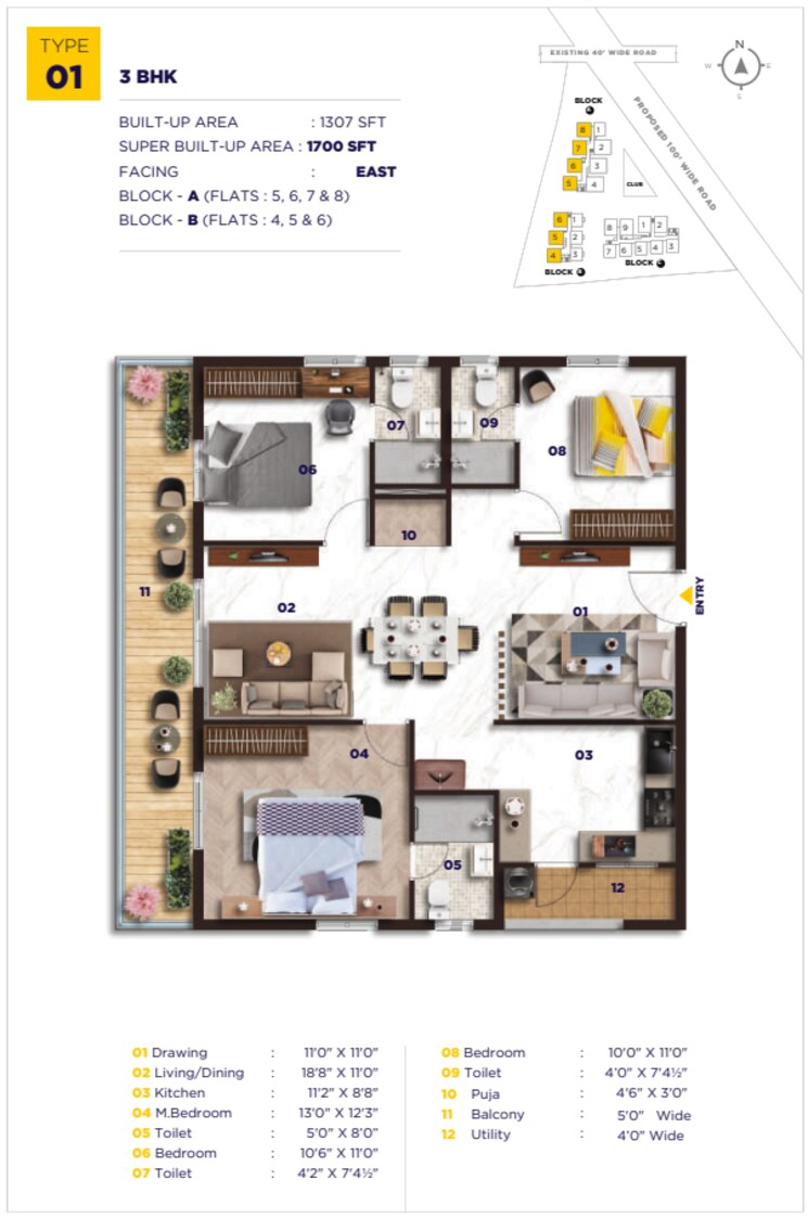 Floor Plan, kollur 3 Bedroom 1700 Sq.Ft. Apartment In Kollur Hyderabad 9631909