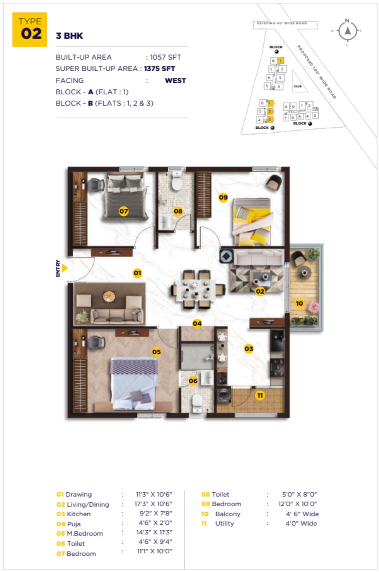 Floor Plan, kollur 3 Bedroom 1375 Sq.Ft. Apartment In Kollur Hyderabad 9631917