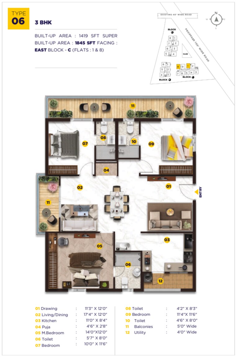 Floor Plan, tellapur 3 Bedroom 1845 Sq.Ft. Apartment In Tellapur Hyderabad 9631935