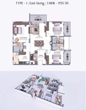 Floor Plan in 3 BHK Apartment at Narsingi – for Sale