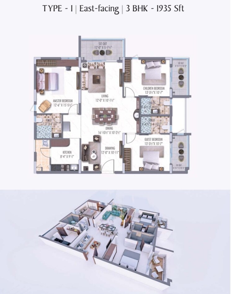 Floor Plan, narsingi 3 Bedroom 1935 Sq.Ft. Apartment In Narsingi Hyderabad 9631973