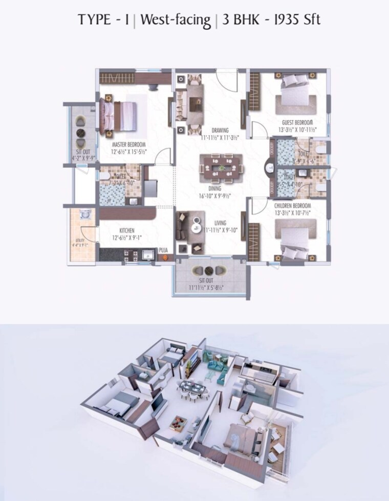 Floor Plan, narsingi 3 Bedroom 1935 Sq.Ft. Apartment In Narsingi Hyderabad 9631991