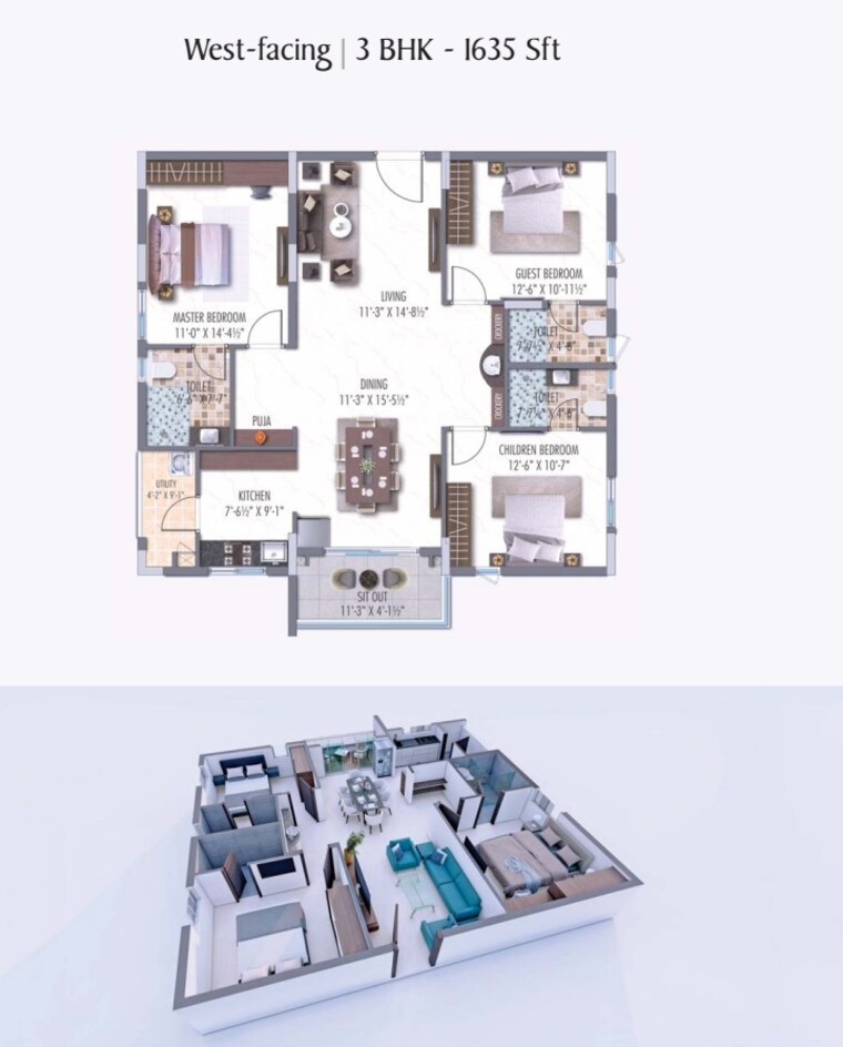 Floor Plan, narsingi 3 Bedroom 1635 Sq.Ft. Apartment In Narsingi Hyderabad 9632010