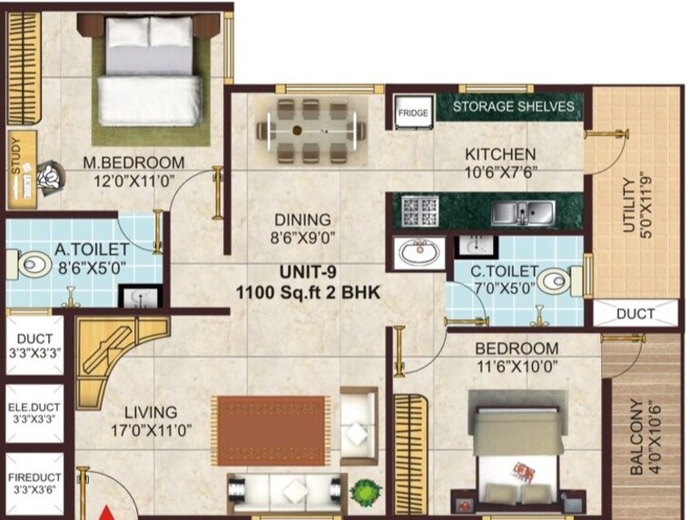 Floor Plan, gk-meadows 2 Bedroom 1100 Sq.Ft. Apartment In Electronic City Bangalore 9583284