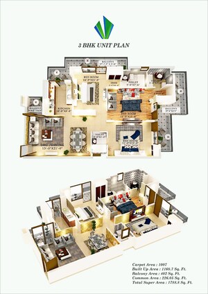 Floor Plan in 3 BHK Apartment at Fortune Victoria Heights, Dhakoli – for Sale