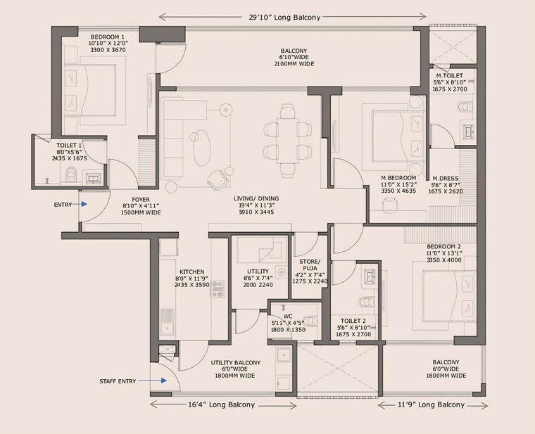 Floor Plan, birla-pravaah 3 Bedroom 2000 Sq.Ft. Apartment In Sector 71 Gurgaon 9648572