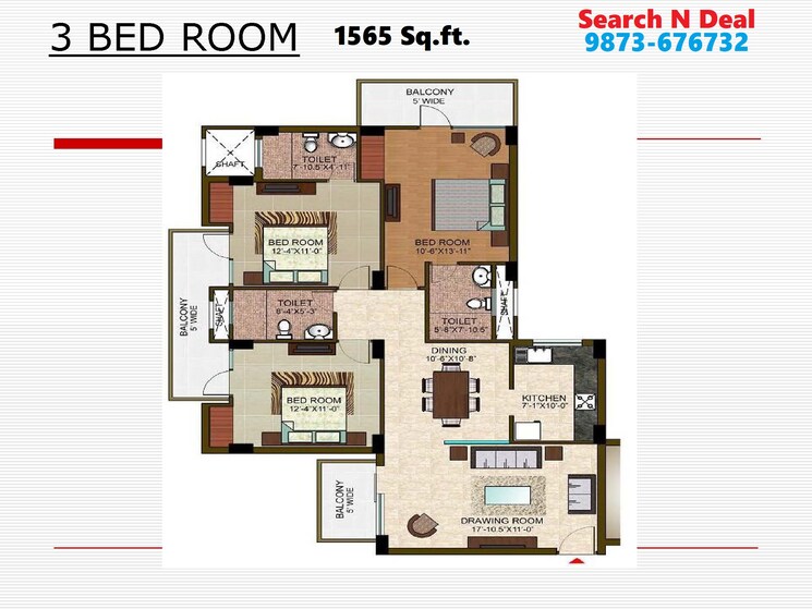 Floor Plan, ramprastha-city-the-view 3 Bedroom 1485 Sq.Ft. Apartment In Sector 37d Gurgaon 9654306