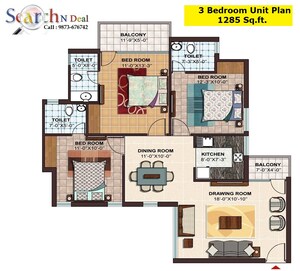 Floor Plan in 3 BHK Apartment at Ramprastha City The Atrium, Sector 37d – for Sale