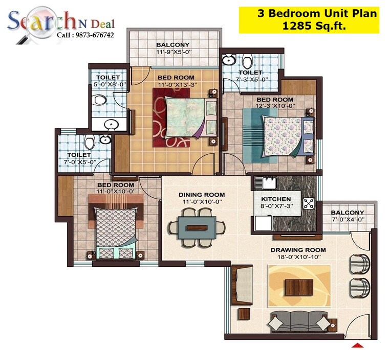 Floor Plan, ramprastha-city-the-atrium 3 Bedroom 1285 Sq.Ft. Apartment In Sector 37d Gurgaon 9654309