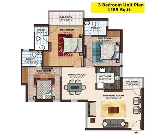 Floor Plan in 3 BHK Apartment at Ramprastha City The Atrium, Sector 37d – for Sale