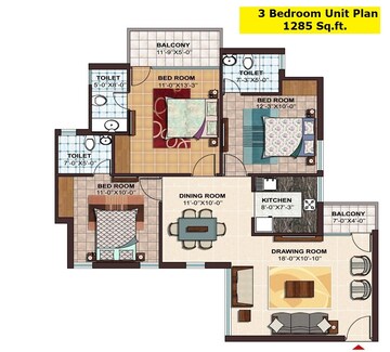 Floor Plan in 3 BHK Apartment at Ramprastha City The Atrium, Sector 37d – for Sale