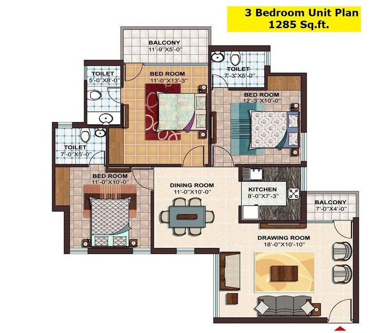 Floor Plan, ramprastha-city-the-atrium 3 Bedroom 1185 Sq.Ft. Apartment In Sector 37d Gurgaon 9654310