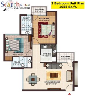 Floor Plan in 2 BHK Apartment at Ramprastha City The Atrium, Sector 37d – for Sale