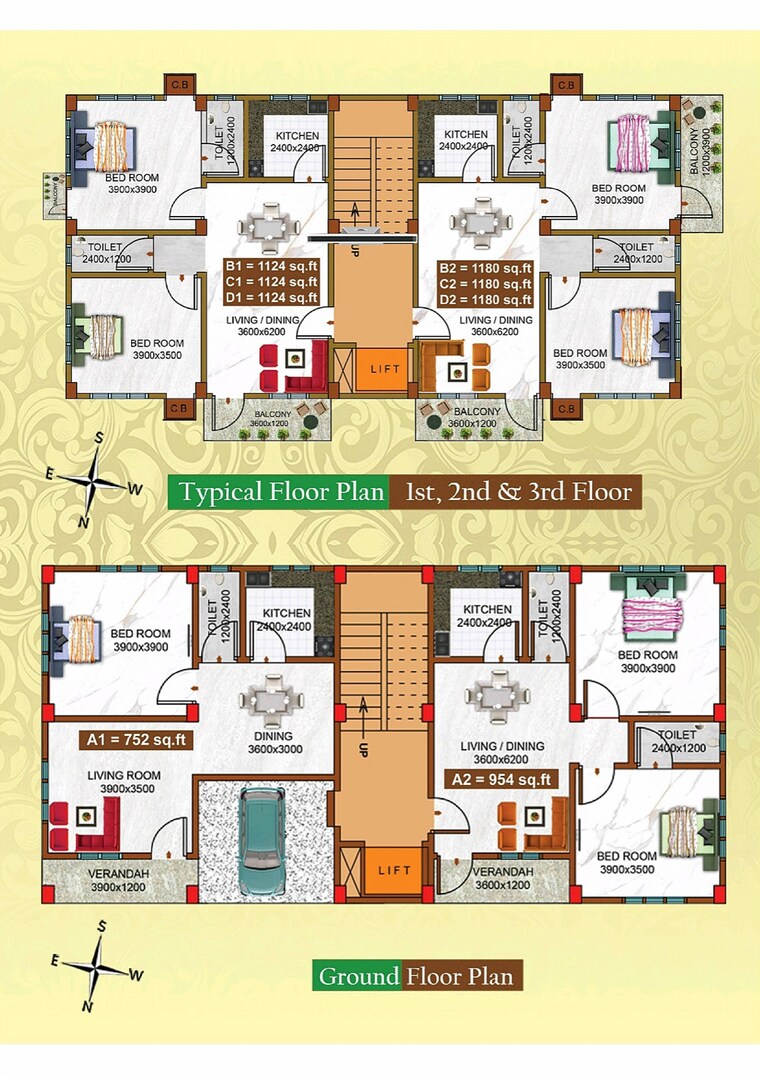 Floor Plan, vip road 2 Bedroom 1180 Sq.Ft. Apartment In Vip Road Guwahati 9655664